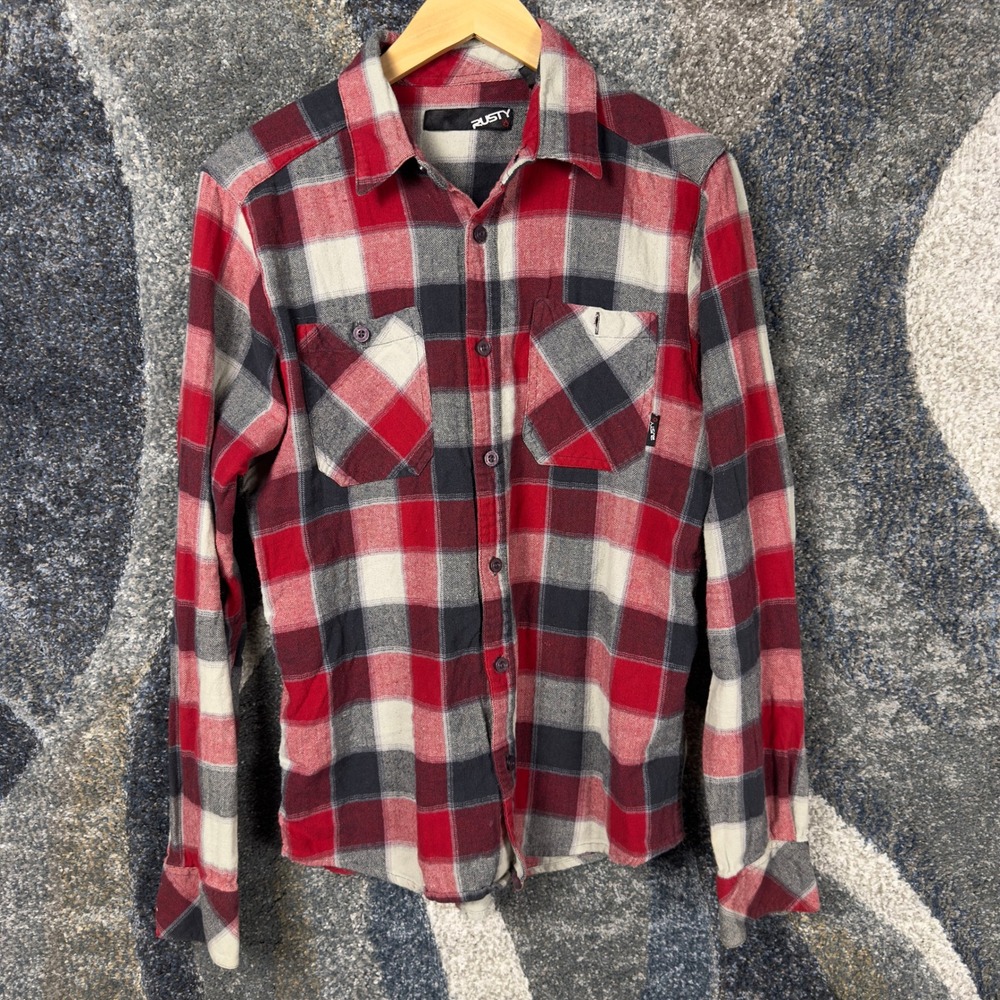 Y2K Rusty Flannel Button Down Mens Small Red Plaid Grunge Skater Surf